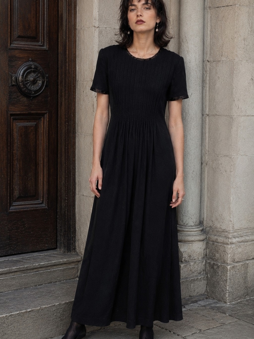 Vintage 90s Jeffrey & Dara Black Pleated Maxi Dress Whimsigoth Size 10